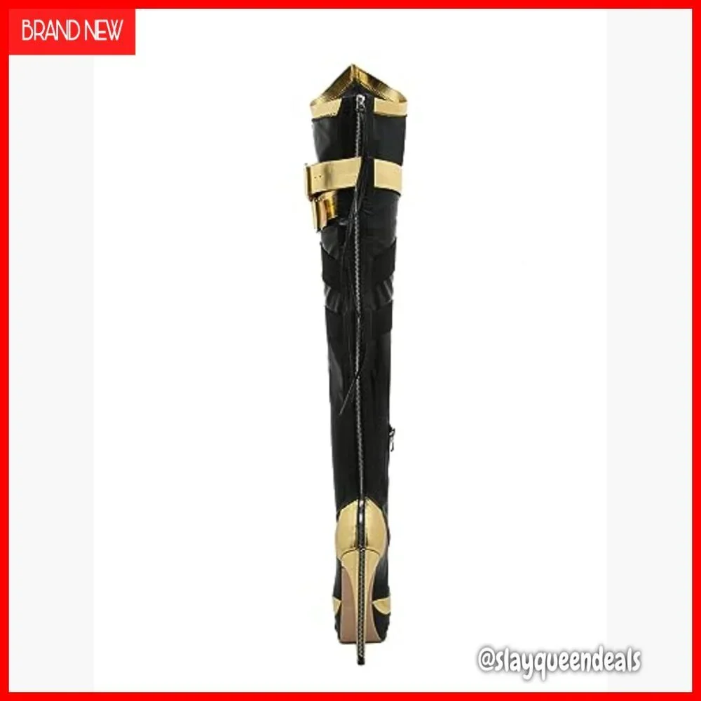 Platform Over The Knee Boots with Gold Strap Lace Up Round Toe